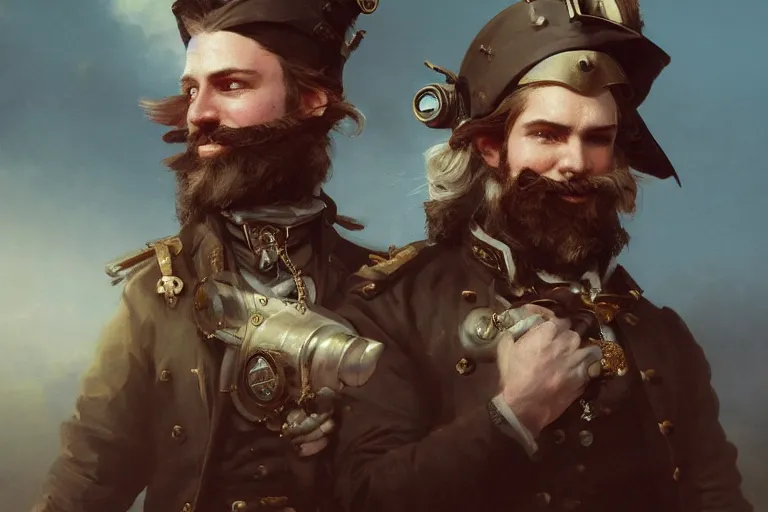 Image similar to Steampunk Rogue, portrait, smiling, Beard, painting by Ivan Aivazovsky and Greg Rutkowski, artstation, fantasy, intricate, beautiful, cinematic, octane render, arnold render, 8k, hyper realism, detailed, sharp focus, 4k uhd, masterpiece, award winning