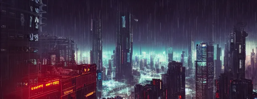 Image similar to shot of the man standing on the roof, looks at impressive cyberpunk city at night during great storm, nightscape, futuristic architecture, realistic photo, neons, blade runner, akira style, cinematic lighting, cinematic angles
