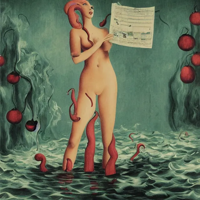 Image similar to tall female catgirl artist holding sheet music in her flooded apartment, pomegranates, octopus, water gushing from ceiling, painting of flood waters inside an artist's apartment, a river flooding indoors, mushrooms, ikebana, zen, rapids, waterfall, black swans, canoe, berries, acrylic on canvas, surrealist, by magritte and monet