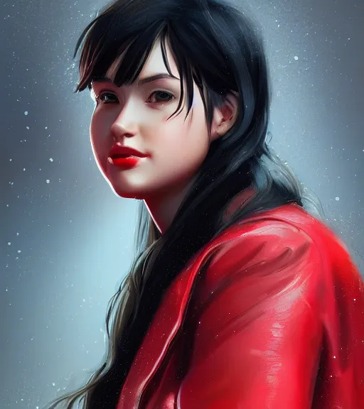 Image similar to a girl wearing a red jacket, highly detailed, digital painting, artstation, concept art, smooth, sharp focus, illustration