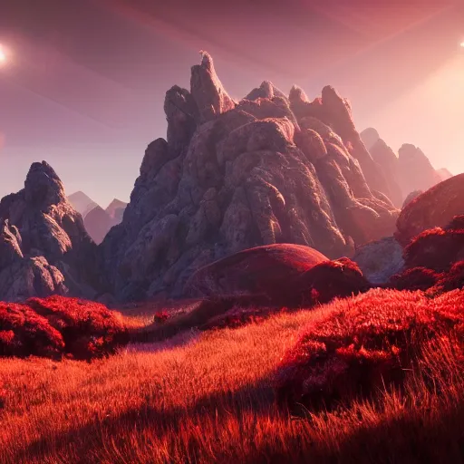 Prompt: an alien landscape, looming surreal mountains in background, purple foliage, red grass, hundreds of red and white spotted mushrooms everywhere cinematic lighting, detailed oil painting, 8k