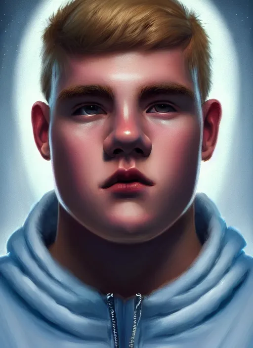 Image similar to portrait of high school senior boy named big moose, blonde short hair, jock, beefy, wide face, square jaw, square facial structure, blue varsity jacket with letter r, intricate, elegant, glowing lights, highly detailed, digital painting, artstation, concept art, sharp focus, illustration, art by wlop, mars ravelo and greg rutkowski