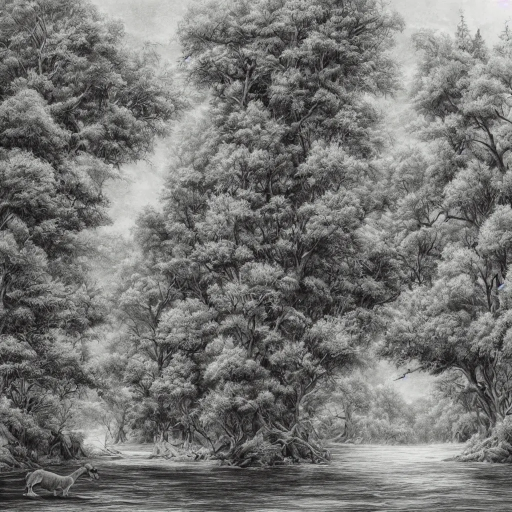 Prompt: realistic drawing of beautiful landscape, hyperdetailed, animals, trees, river