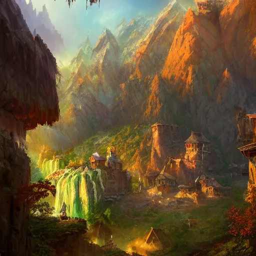 Image similar to beautiful fantasy landscape showing dwarven mining village in the mountains, by marc simonetti, anthony avon, nick gindraux, mark li, high quality, trending on artstation