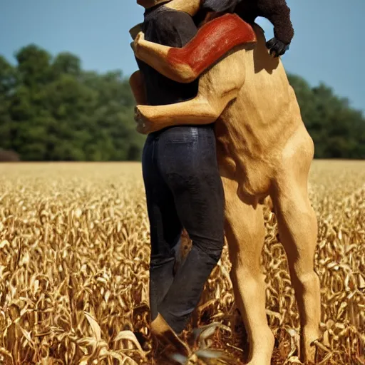 Image similar to a humanoid german shepherd beast - man hugging his friend in a corn field vintage sepia detailed 8 k