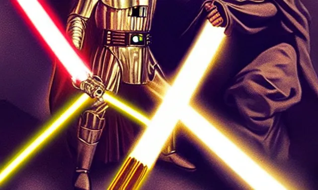 Image similar to full shot photograph of super jesus christ defeating darth vader, using a cross - shaped gold lightsaber, photorealistic, cinematic lighting, extremely detailed, star wars