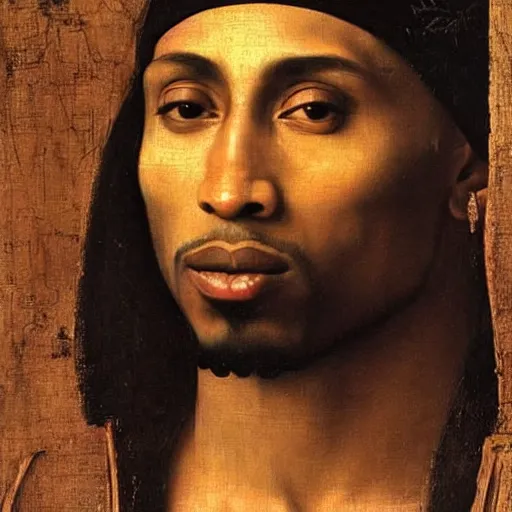 Image similar to A Renaissance portrait painting of Tupac Shakur by Giovanni Bellini and Leonardo da Vinci. Tupac
