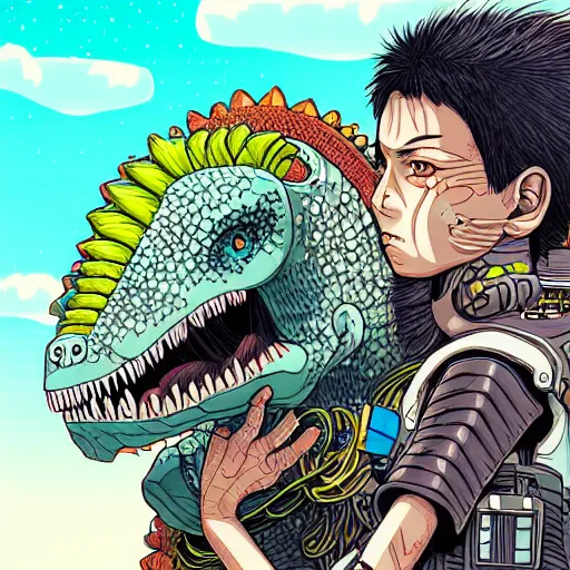 Image similar to intricate detailed color manga style illustration of a cyborg punk street kid with a pet dinosaur, cyberpunk