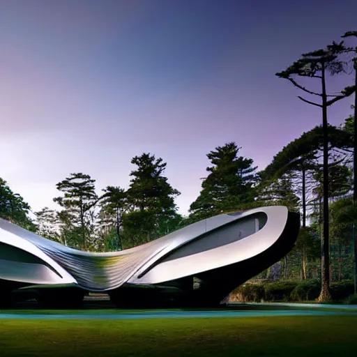 Prompt: a futuristic Japanese forest temple designed by syd mead and zaha hadid, sunset photo shoot