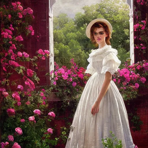 Prompt: painting on wall full body fashion model emma watson by Winslow Homer smokey eyes makeup eye shadow fantasy, glow, shimmer as victorian woman in a long white frilly lace dress and a large white hat having tea in a sunroom filled with flowers, roses and lush fern flowers ,intricate, night, highly detailed, dramatic lighting , high quality