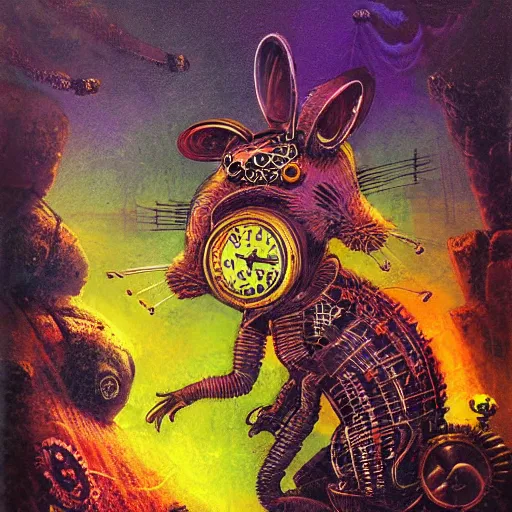 Image similar to steampunk rat, acid, 303, psychedelic, by paul lehr