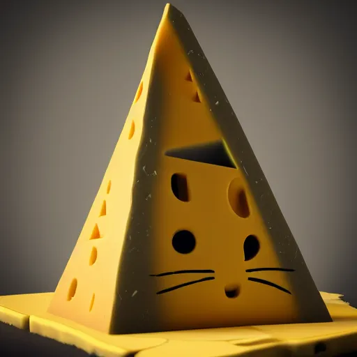 Prompt: Pyramid made of cheese, with a cat head on top, a giant guitar being played, atmospheric octane render