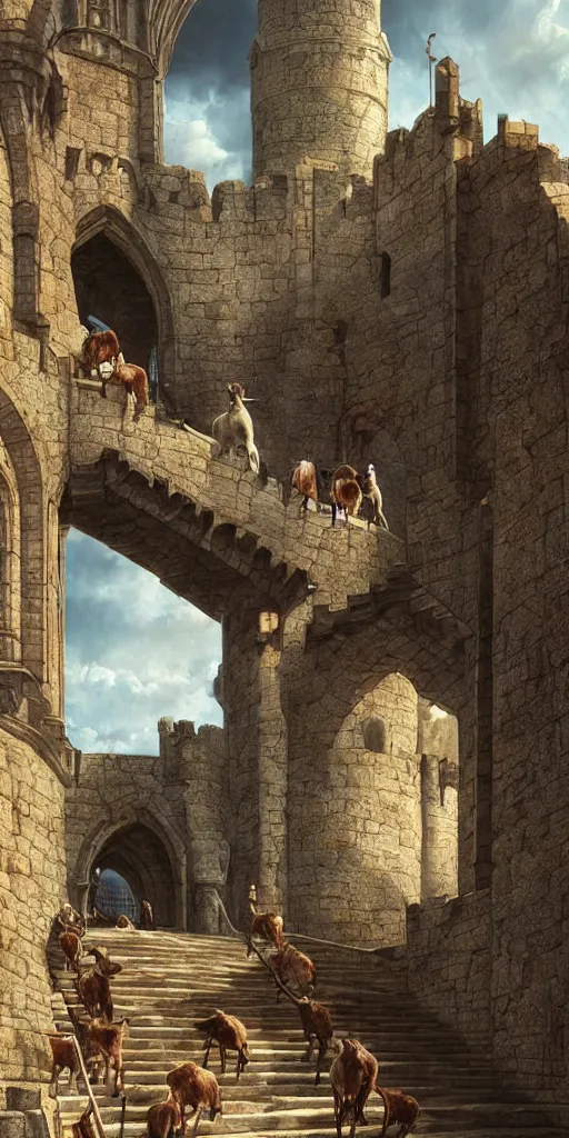 Image similar to a herd of goats! on stairs in a beautiful fantasy castle, medieval citadel, medieval cathedral, many goats, magic, tall towers, gorgeous clouds, colorful, sunrays, digital painting, landscape, octane render, unreal engine, high detail, very realistic, by greg rutkowski. by james gurney