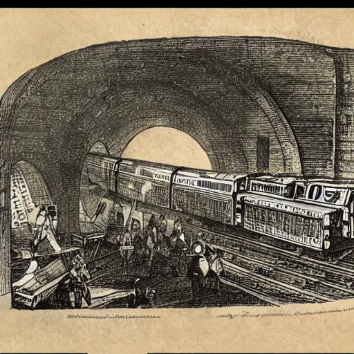 Image similar to 1 7 0 0 s newspaper etching of thomas the tank engine crashing into grand central station