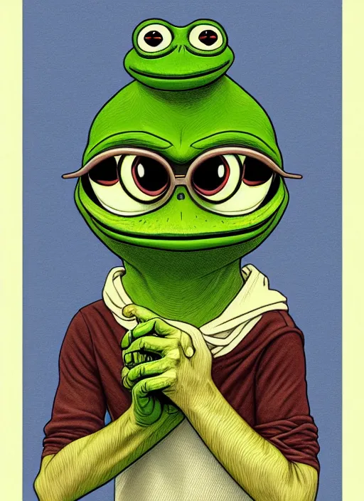 Image similar to pepe the frog character, by matt furie!!!, sad, depressed, portrait, intricat, highly detailed, digital painting, artstation, concept art, wallpaper, smooth, sharp focus, illustration, art by artgerm and greg rutkowski!! and alphonse mucha