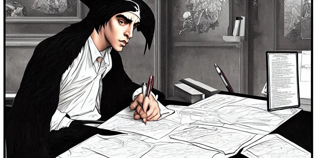 Prompt: a scholarly raven is seen writing at his desk. character sheet, character design, contrast, deep focus, turnaround, highly detailed, dramatic lighting, digital painting, artstation, concept art, matte, sharp focus, illustration, elegant, art by artgerm and greg f and alphonse mucha. photo like 1 9 9 4 public access music video.
