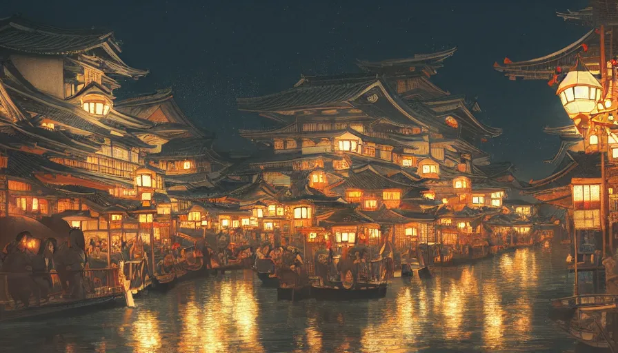 Prompt: edo era city festival near sea at night, beautiful lit lamps, 8 k highly detailed art, intricate, stanley lau, artgerm, artstation, smooth, far shot, wlop, alphonse mucha, cinematic shot, cinematic lighting