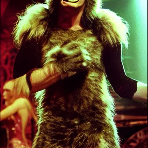 Image similar to 📷 john partridge playing rum tum tugger, spike collar, fluffy neck, cats the musical 🎶, 1 9 9 8 version, professional cat - like makeup, stunning choreography and lighting