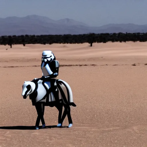 Prompt: an imperial stormtrooper riding on a bunny in the desert