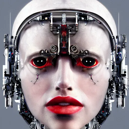 Image similar to A professional portrait of a young cyborg woman made of metal parts, gears, wires as hair, red eyes, lipstick, narrow waist, symmetrical face features, elegant, finely detailed, concept art, in style of Greg Rutkowski,