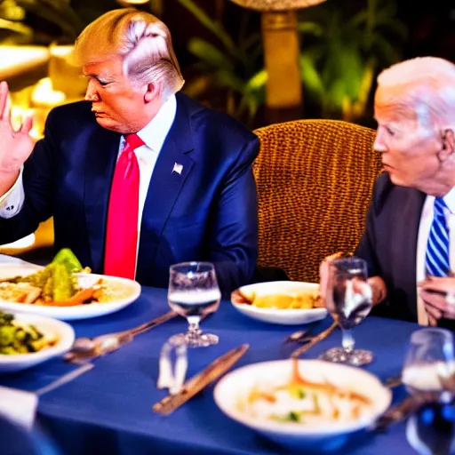 Image similar to Trump and Biden having dinner at a fancy Balinese restaurant, award winning cinematic photography, sigma 85mm Lens F/1.4, blurred background, perfect faces