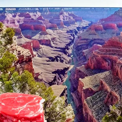 Image similar to the grand canyon made out of raw bloody!! meat!!, steaks and sausages as far as the eye can see high definition tourist photography family holiday