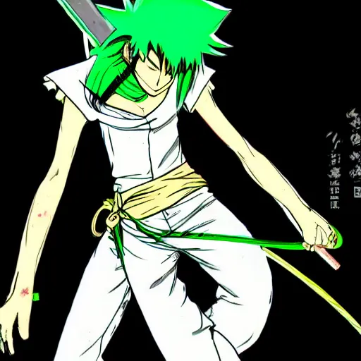 Image similar to fencer, anime style, green hair, dark, animation, detailed, illustration, eiichiro oda,