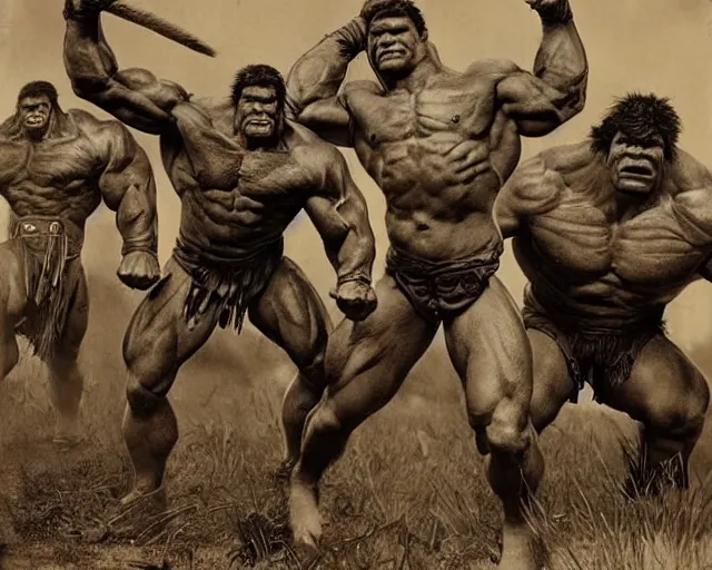 Image similar to hyper realistic group vintage photograph of a warrior orc tribe, tall, muscular, hulk like physique, tribal paint, tribal armor, highly detailed