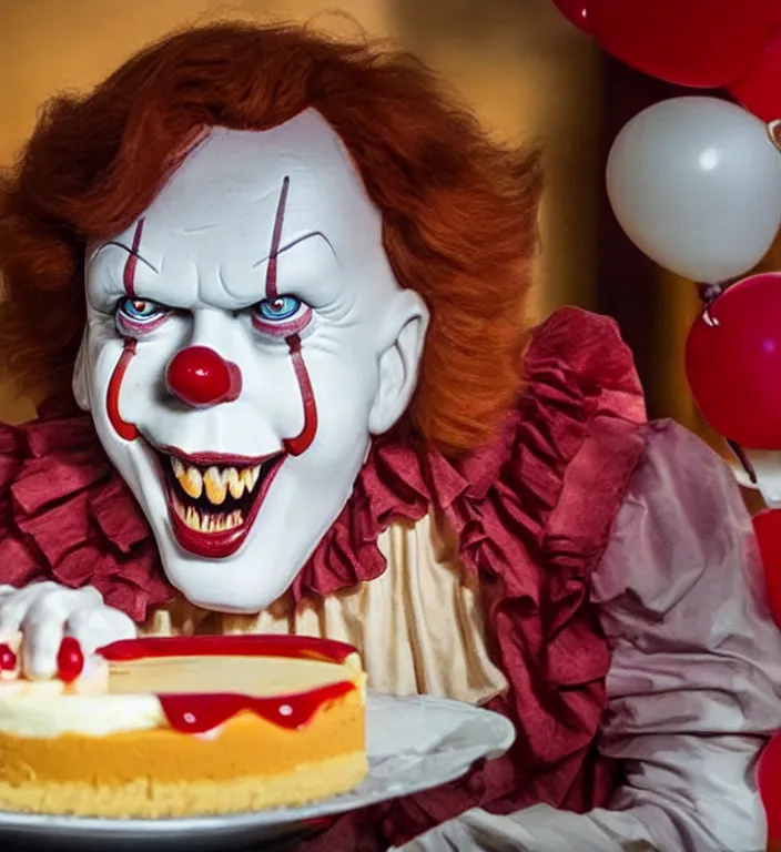 Image similar to pennywise the clown eating a whole cheesecake at applebee's restaurant, hyper realistic, photograph, high definition, wow, real, 4 k