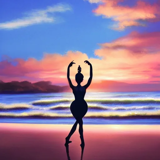 Image similar to a silhouette of a beautiful ballet dancer on a beach at sunrise, cinematic angle, studio Ghibli, volumetric lighting, breathtaking, beautiful composition, intricate, elegant, digital art, detailed, oil painting, hyperrealistic, sharp focus, 8k