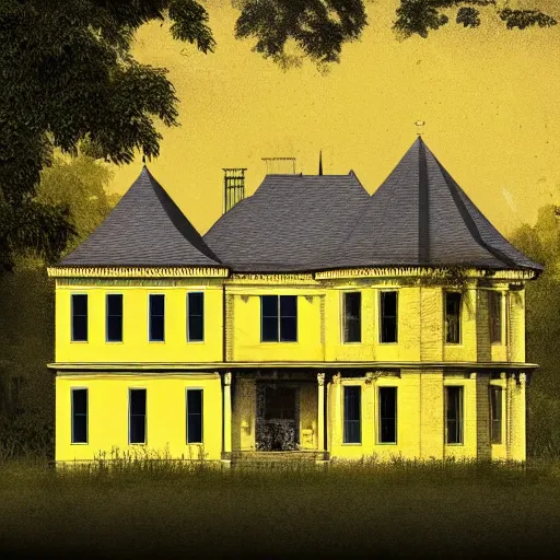 Prompt: a large yellow victorian house in the woods, detailed, blocking out the sun, moody, artstation