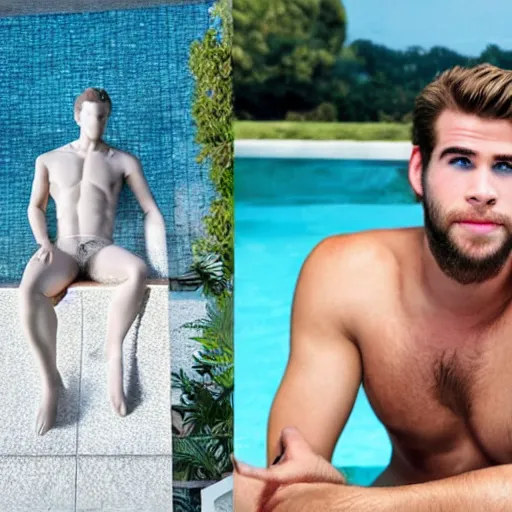 Image similar to a realistic detailed photo of a guy who is an attractive humanoid who is half robot and half humanoid, who is a male android, actor liam hemsworth, shiny skin, posing like a statue, blank stare, by the pool, on display