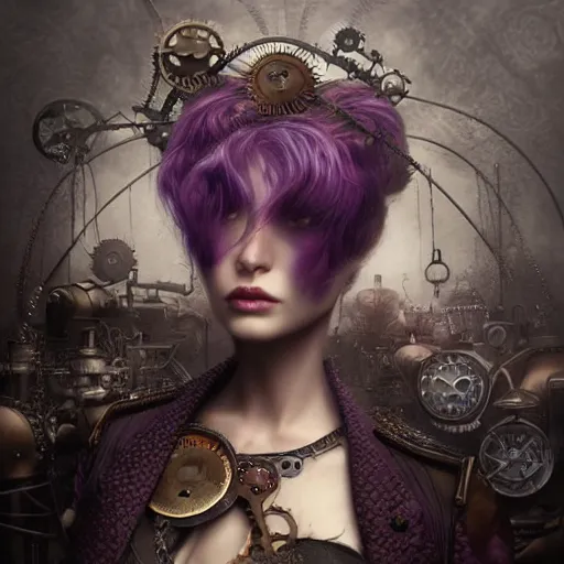 Image similar to rudolf freund dan mumford tom bagshaw, dream world, photorealistic soft paint of a single very beautiful aristocrat full long steampunk armored, ultra deep fog, purple black lustrous thin haircut, partial symmetry accurate features, focus, very intricate ultrafine details, award winning masterpiece, steampunk world