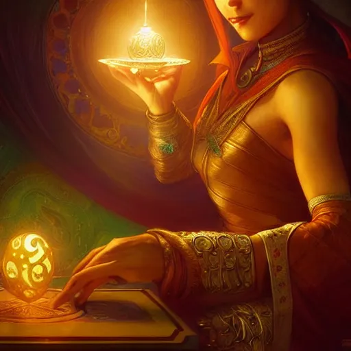 Image similar to magic lamp, closeup, D&D, fantasy, intricate, elegant, highly detailed, digital painting, artstation, concept art, matte, sharp focus, illustration, hearthstone, art by Artgerm and Greg Rutkowski and Alphonse Mucha