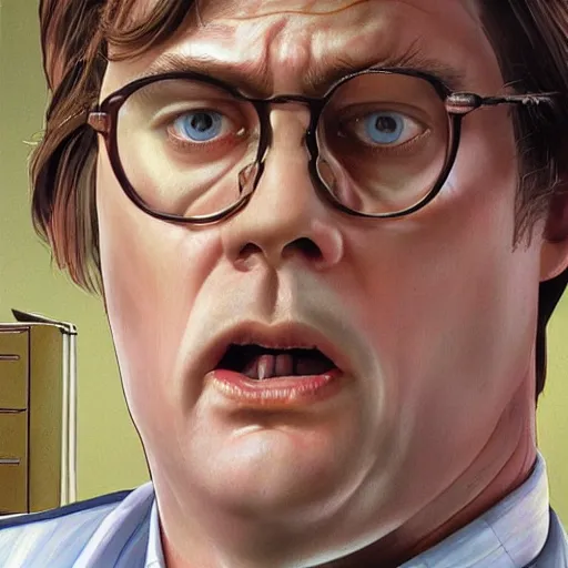 Image similar to close-up of Dwight Schrute in The Office (2005) looking furious, highly detailed, sharp focus, digital painting, artwork by Victor Adame Minguez + Yuumei + Tom Lovell + Sandro Botticelli