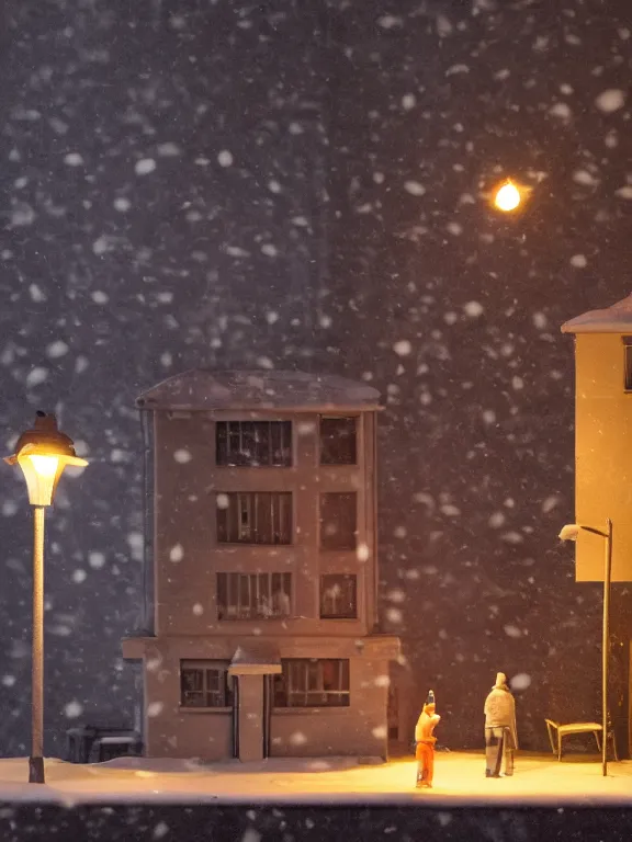 Image similar to small diorama a soviet residential building, pink volumetric lights are on in the windows, dark night, two man fighting for bottle of vodka on yard in front of building, cozy atmosphere, fog, cold winter, snowing, streetlamps with orange volumetric light, birches nearby,