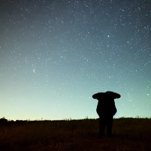 Image similar to scary monster looking at sky, sky is full green, stars, photograph, telephoto sigma 8 5 mm f / 1. 4