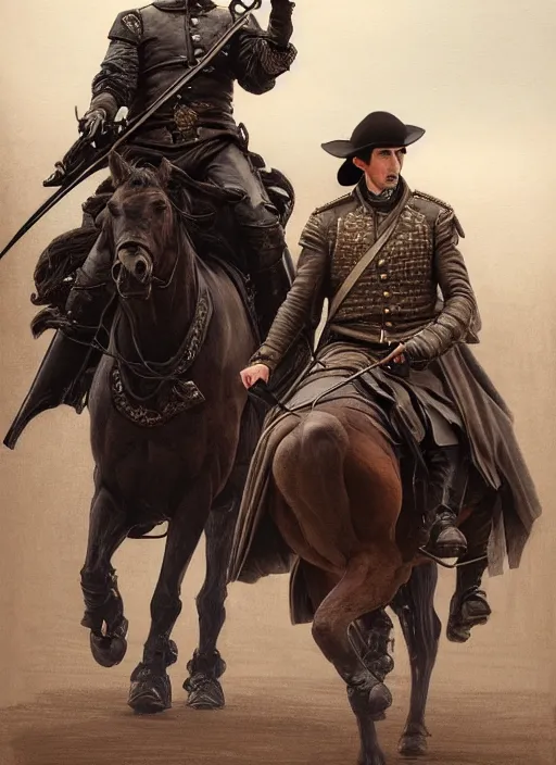 Image similar to painting of john oliver and adam driver together, riding horse, stoic, full body, military uniform, fantasy, intricate, elegant, beautiful, highly detailed, charcoal, centered, dark, smokey, digital painting, artstation, concept art, smooth, sharp focus, illustration, art by artgerm and greg rutkowski and alphonse mucha