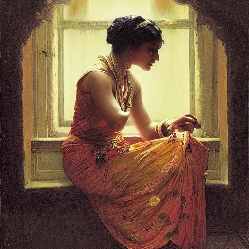 Image similar to detailed potrait of hindu traditional womansitting alone in dark room, girl graceful,, painting by gaston bussiere, craig mullins, j. c. leyendecker, lights, art by ernst haeckel, john william godward, hammershøi,,