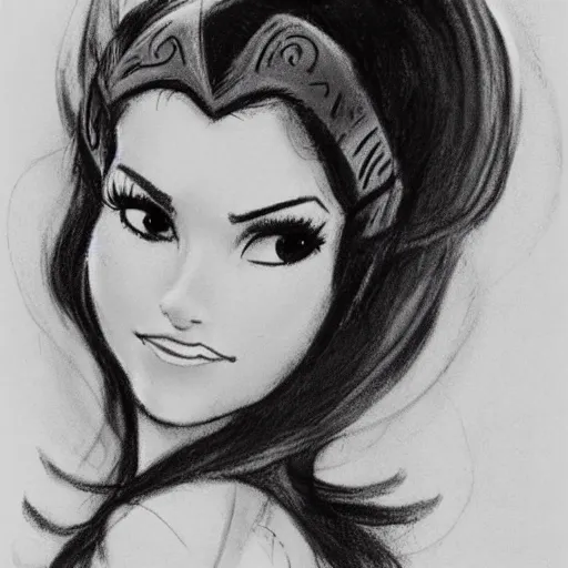 Image similar to milt kahl sketch of victoria justice with done up hair, tendrils covering face and ponytail as princess padme from star wars episode 3