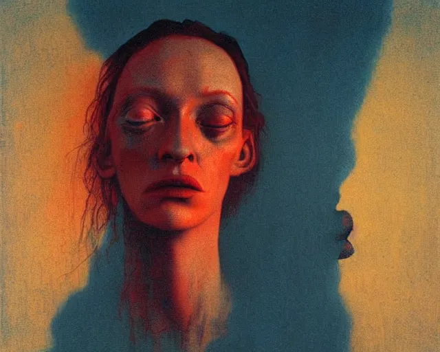 Image similar to by francis bacon, beksinski, mystical redscale photography evocative lips eyebrows. kat dennings uma thurman christina hendricks tilda swinton