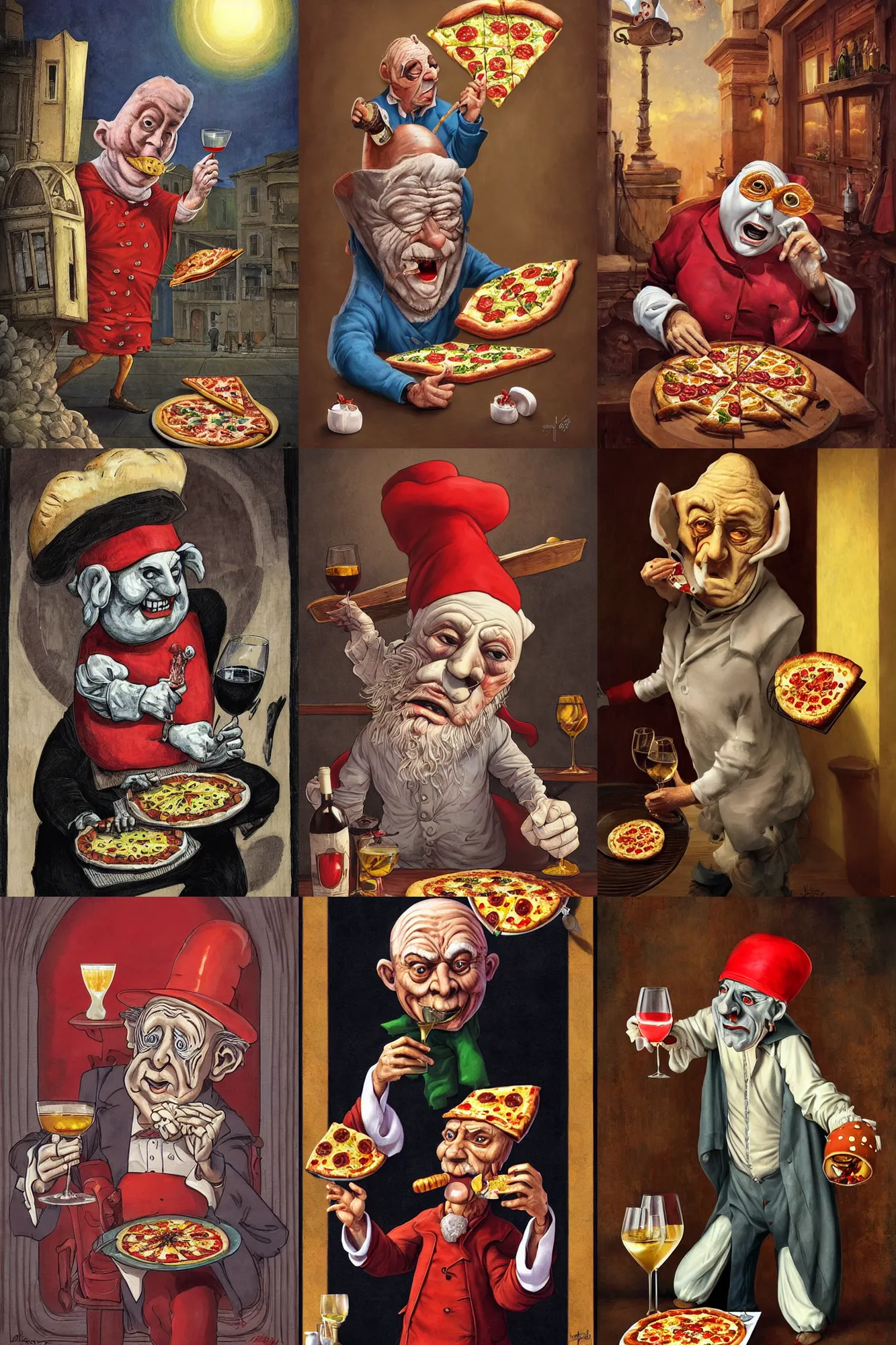 Prompt: wrinkled old man wearing a pulcinella mask!, with a pizza! margherita di napoli and a glass of wine, full body, wide angle, dramatick lighting, painting by joe fenton, trending on deviantart, masterpiece