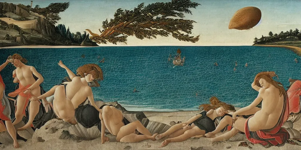 Prompt: a painting of a beach with a giant shell, by botticelli