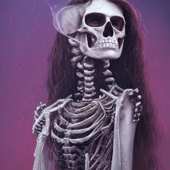 Prompt: portrait of Alexandra Daddario as a skeleton. intricate abstract. intricate artwork. by Tooth Wu, wlop, beeple, dan mumford. octane render, trending on artstation, greg rutkowski very coherent symmetrical artwork. cinematic, hyper realism, high detail, octane render, 8k, iridescent accents