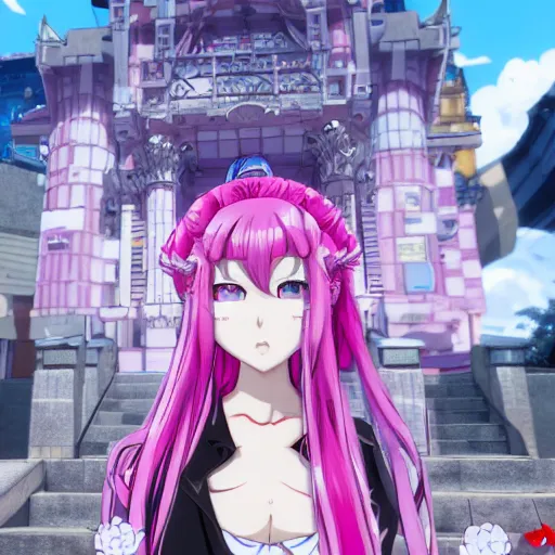 Prompt: trapped by junko enoshima, a stunningly beautiful omnipotent megalomaniacal anime asi goddess with symmetrical perfect face and porcelain skin, pink twintail hair and cyan eyes, taking control while smiling, inside her surreal vr castle, hyperdetailed, digital art from danganronpa, unreal engine 5, 2 d anime style, 8 k