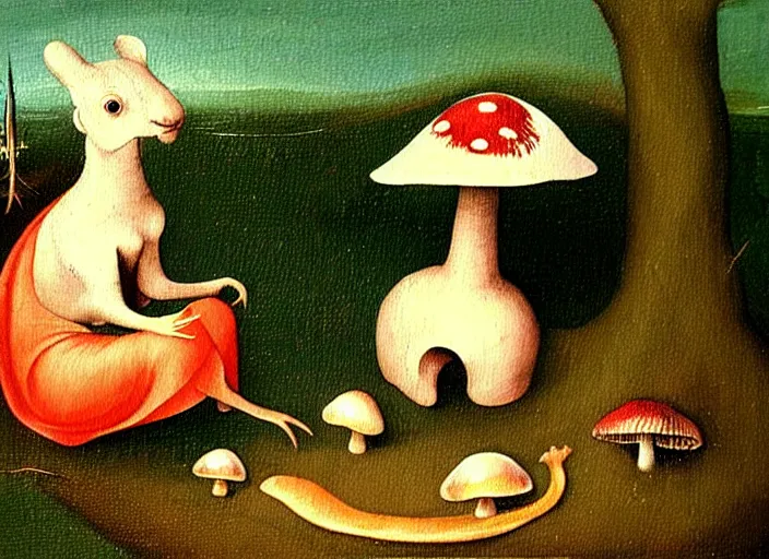 Image similar to a painting of a cute creature sitting next to a mushroom, detailed, realistic, in style of hieronymus bosch