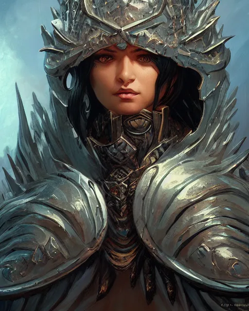 Image similar to Portrait of a Fantasy black knight, moonlit, HD, illustration, epic, D&D, fantasy, intricate, elegant, highly detailed, digital painting, artstation, concept art, smooth, sharp focus, illustration, art by artgerm and greg rutkowski and alphonse mucha, monster hunter illustrations art book