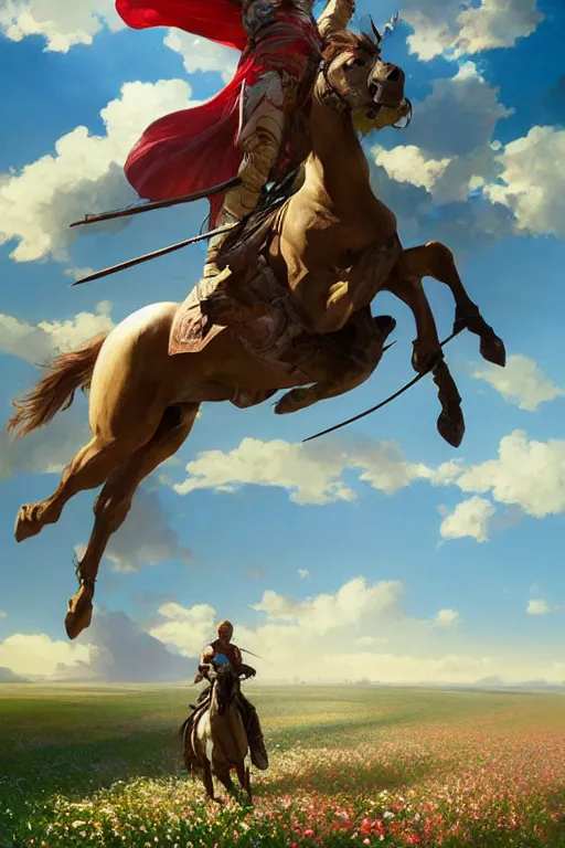 Prompt: fighter ridding a horse on a flower field, dragon flying in the sky above, highly detailed, digital painting, artstation, concept art, smooth, sharp focus, illustration, art by artgerm and greg rutkowski and alphonse mucha and andrei riabovitchev