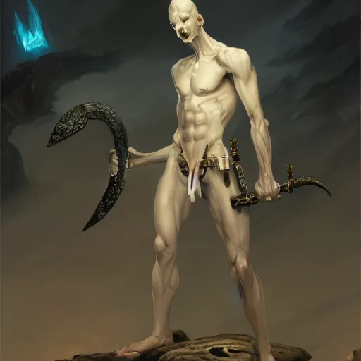 Prompt: wide shot, fantasy painting of a pale man with a black blade covered in runes, painted by Bayard Wu, ultra detailed, 8k, perfect