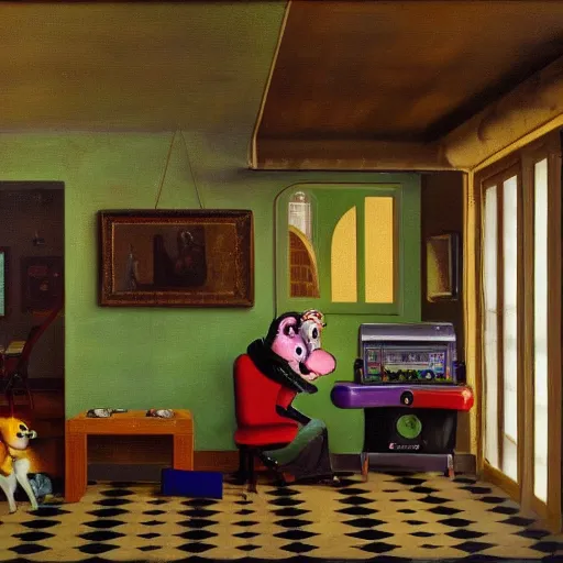 Image similar to realistic painting of chuck e. cheese building interior, in the style of johannes vermeer